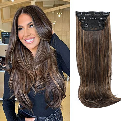 Ms Taj Clip in Extensions 4PCS 50cm,Helle Schokolade mit Highlights Haarverlängerung Synthetische lange gerade dicken vollen Kopf Wavy Haar Stücke für Frauen……