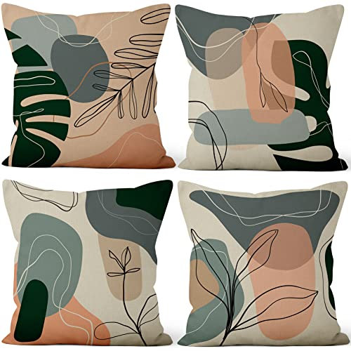 Aoihrraan 61x61cm 4er Set Dekorativ Boho Kissenbezug Herbst Laub Minimalismus Geometrisch Quadratische Sofakissen Dekokissen Aus Leinen Bauernhaus Wohnzimmer Schlafzimmer Draussen Patio Garten Sofá