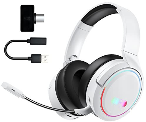 Kabelloses Gaming-Headset, Bluetooth Kopfhörer mit Mikrofon, 2,4 GHz Wireless Headphones Over-Ear Kopfhörer Surround Sound, Ultraniedrige Latenz für PS4, PS5, Switch, Xbox, PC, Laptop -Weiß