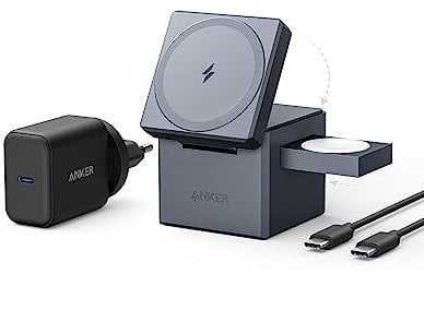 Anker 3-in-1 Cube Compatible with MagSafe - 15W Fast Charging, Foldable Wireless Charge Station for Apple Watch, iPhone 16/15/14/13, and AirPods Pro (Charger and Interchangeable Plugs Included)