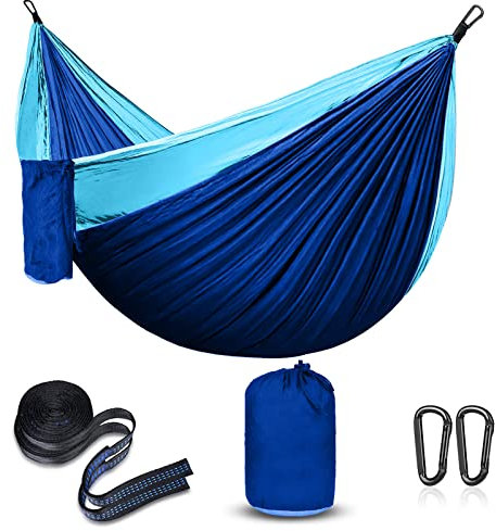 Hängematte Camping Ultraleicht mit Seilabdeckungen, Reise Hängematte Atmungsaktiver Nylon Fallschirm Hängematten für Outdoor Camping, Garten & Strand (Blue/Sky Blue)
