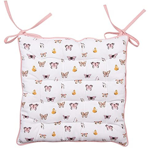 Clayre & Eef Stuhlkissen Schaumstoff 40x40x4 cm Beige Rosa Baumwolle Schmetterlinge Sitzkissen Gartenkissen Kissen für Gartenstühle