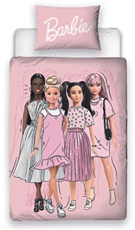 Character World Barbie Offizielles Einzel-Bettwäsche-Set für Kinder, Figuren-Design, wendbar, 2-seitig, inkl. passendem Kissenbezug, rosa Einzelbett-Set, Polycotton