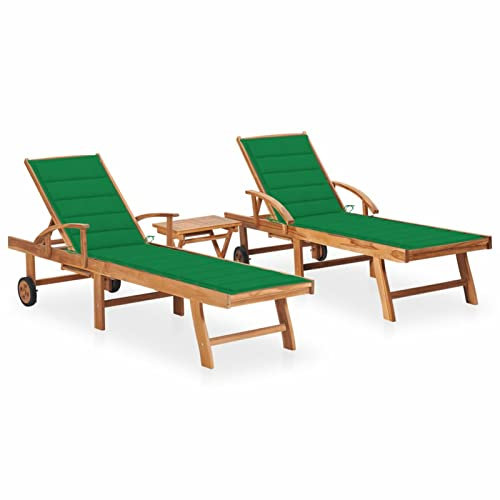ZEYUAN Sonnenliegen 2 STK. mit Tisch und Auflagen, Gartenliege, Strandliege, Relaxliege, Saunaliege, Campingliege, Poolliege, Liege Garten, Massivholz Teak