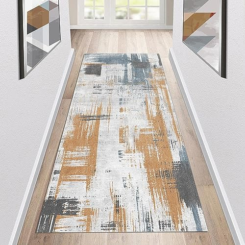 Siunwdiy Teppich Läufer Flur rutschfest Küchenläufer Grau/Creme Abstrakt Korridor Teppichläufer Waschbar 60x160cm Modern Lang Flurläufer Teppich Küche Schlafzimmer Wohnzimmer Meterware Fußmatten