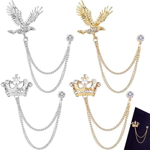 4 pièces Broche Épinglette Chaîne, Couronne Broche Costume, Broches Clips de Chemisier Clip, Badge Chaîne Pins, Broches Habillées, pour Hommes, Femmes, Cadeau de Fête des Pères, Or, Argent