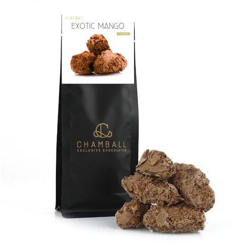 CHAMBALL Caja de Chocolates Belgas Artesanos - 7 Trufas Rellenas de Praline de Mango con Escamas de Chocolate Ideal para Disfrutar y Regalar - Surtido de Bombones Premium de Origen Belga