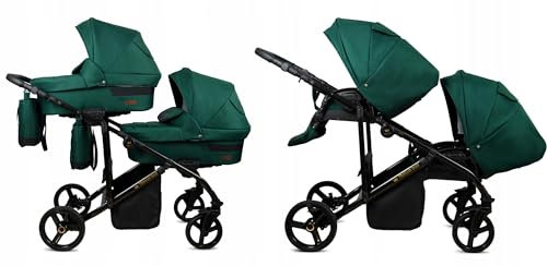 BabyLux® Kinderwagen Set 2 in 1 für Zwillinge - Trailux Duo - Bottle Green - incl. Babywanne, Buggy Sportsitz - Geschwisterwagen Zwillingskinderwagen Kombikinderwagen mit Wickeltasche, Regenschutz