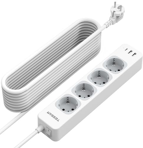 TESSAN 4 Fach Mehrfachsteckdose mit Verlängerungskabel 10M, Steckdosenleiste mit 1 USB C und 2 USB A, Mehrfachstecker mit Schalter, 3600W Verteilersteckdose Steckerleiste, Grau