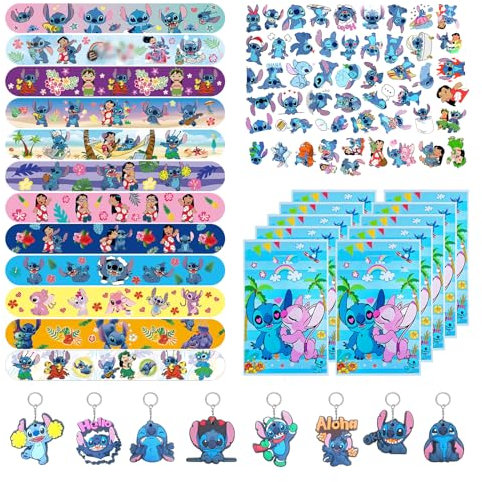 Mitgebsel Kindergeburtstag Mitbringsel, 80pcs Stich Kleine Geschenke Geburtstag Gastgeschenke Set mit Geschenktüten Schnapparmbänder Schlüsselanhänger Sticker, Kinder Party Give Aways Jungen Mädchen