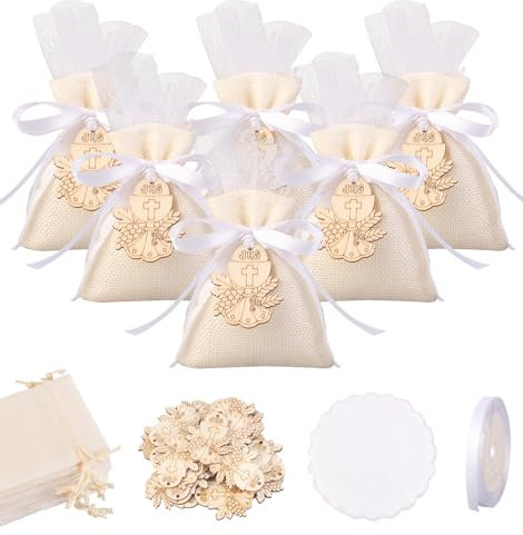 24 Pezzi Sacchetti in Iuta per Bomboniere Cresima, 10 x 8cm Sacchetti Bustine Iuta con 24 Pezzi Calice in Legno Santo Graal e Nastro in Raso, Ideale per Comunione Battesimo Cresima Nascita Matrimonio