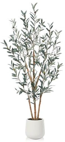 SOGUYI 150cm Tall Artificial Olive Tree – Tropical Faux Plant with Natural Wood Trunk and White Ceramic Planter - Fake Floor Plant for Indoor Home and Office Decor