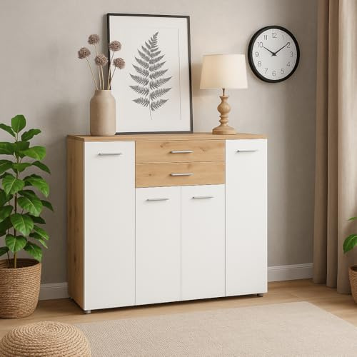 Arthur Berndt Moderne Kommode Sideboard Lowboard Weiß/Holz | 4 Türen, 9 Fächern, 2 Schubkästen