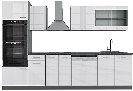 Vicco Küchenzeile R-Line, Weiß Hochglanz/Anthrazit, 300 cm mit Hochschrank, AP Anthrazit