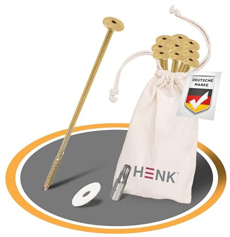 HENK Camping - Set, XXL Universal Schraubheringe, Zeltschrauben 10 Stück in mit Bit 10 Kunststoff-Unterlegscheiben für Schraubheringe Camping Große Zelten, Big Tent (200mm.)