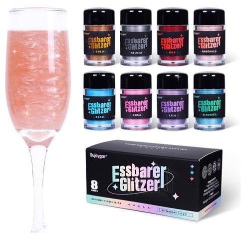 Essbarer Glitzer Set - 8 Farben Essbares Glitzer für Getränke, Glitzer Essbar für Torten, Cocktails, Erdbeeren, Schokolade, 100% lebensmittelechtes Streusel Glitzerpulver (5g/Flasche)
