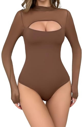 EVELIFE Women's Bodysuit Sexy Long Sleeve Cut out Top Ladies Sheer Mesh Turtle Neck Stretchy Basic Leotard(Caffe,L)