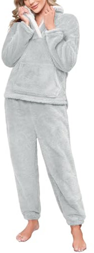 Yuson Girl Pigiama Donna Invernale Pigiami Pile Set Caldo Felpato Pigiama Lungo Morbido Due Pezzi Felpa e Pantalone Sets Manica Lunga Lounge Sleepwear Casual da Casa con Tasche(Grigio, L)