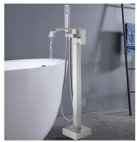 NJDQFA Messing Freistehende Badewannenarmatur,Standarmatur Freistehend Wannenarmatur Mit Handbrause,Bodenstehend Badewannenarmatur,Brushed Nickel