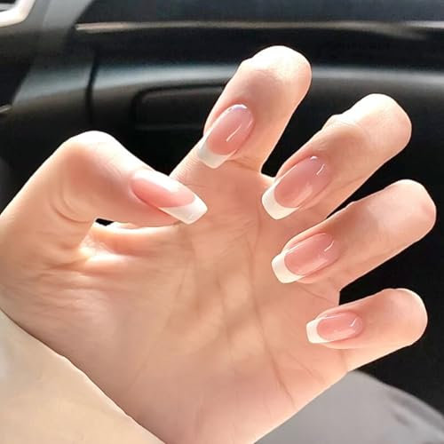 24 Pcs French False Nails - Medium Long Square Press on Nails with Nail Glue - Full Cover Reusable False Nails Stick on Nails White French Nail Tips for Women Girls Nails Art
