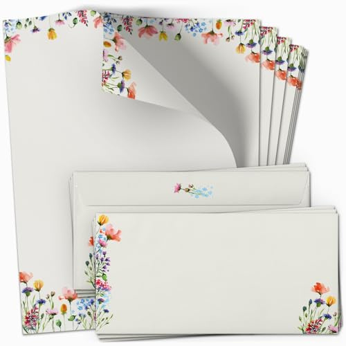 10 Briefpapier und Briefumschlag Set | Spring Flowers Bunte Blumen | romantisches Papier und Umschlag mit Design-Motiv bedruckt | 90 g/m²