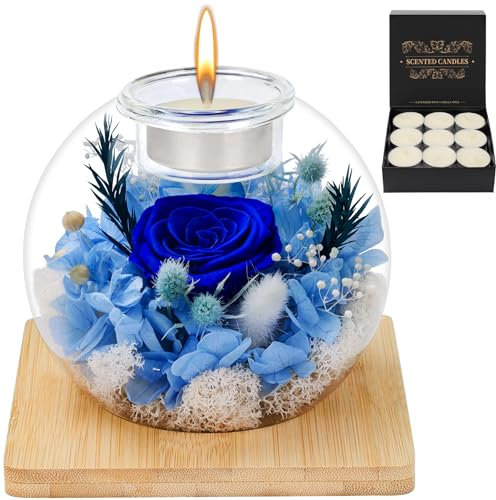 MestectPET Rosa Eterna in Vetro, Set di Rose Stabilizzate e Candele Profumate, Regalo di Compleanno per la Festa della Mamma San Valentino Anniversario Natale per Mamma Fidanzata Moglie Donna (Blu)