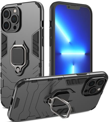 RIIMUHIR Hülle für iPhone 13 Pro Max, Panzerhülle mit 360° Metall Ring Ständer, Kratzfestes Stoßfest Hart Handyhülle, Armor Hülle mit Kameraschutz (Schwarz)