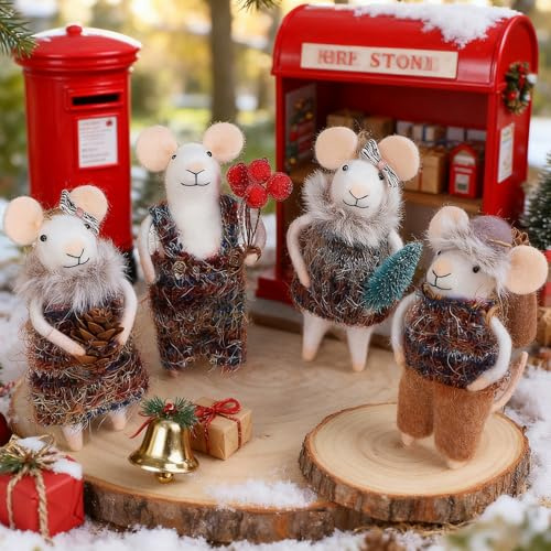 Watereem Set of 4 Christmas Felt Mouse Ornaments, 5 Mini Mice with Brown Sweater for Christmas Tree Hanging, Wool Xmas Tabletop Decor, Animal Crafts for Holiday Easter Gifts Birthday Party Supply