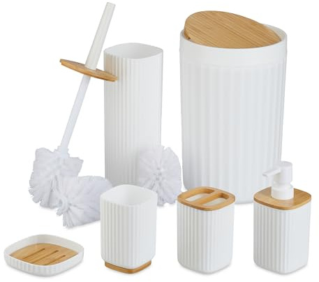 Relaxdays Badezimmer Set, 6-teilig, Badaccessoires Kunststoff & Bambus, komplettes Badzubehör-Set, Badset, weiß/Natur