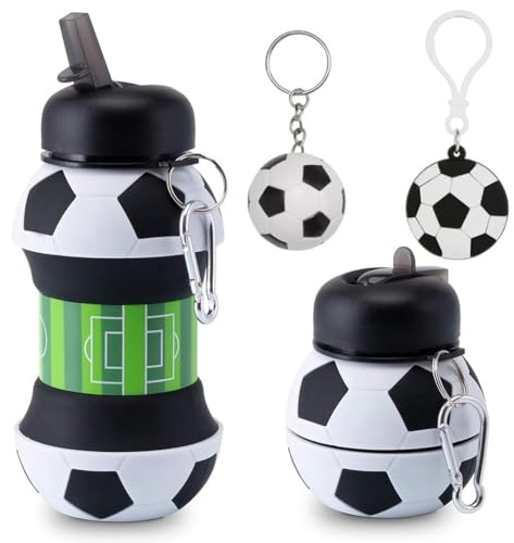 OPVXZAD Botella de Agua Plegable de Silicona,Botella Agua Silicona Diseño Fútbol,550 ml,Sin BPA,Plegable, A Prueba de Fugas,Para Niños y Niñas con Llavero de Fútbol Trofeo (Football)