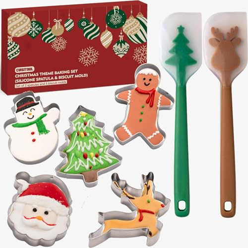 Christmas Cookie Cutter Set - 7 Pieces Holiday Cookie Cutters with Silicone Spatula, Stainless Steel Baking Mold, Christmas Tree, Santa Claus Cookie Cutter, Holiday Decoration Party Supplies(Style 02)