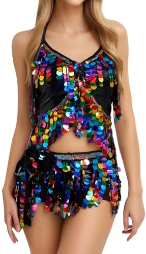 SEAUR Pailletten Fransenrock Oberteil Set Glitzernde Glitzerndes Bauchtanz Pailletten Set für EDM Festival Erwachsene Geburtstagsfeier 2 teiliges Rave Schwarz