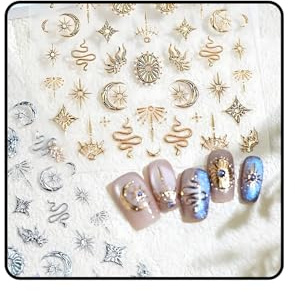FrostyFlair Nail Stickers, 2 Sheets Boho Star Moon Sun Snake Nail Stickers, 5D Embossed Nail Art, Self-Adhesive Nail Stickers for DIY Nail Art Decoration
