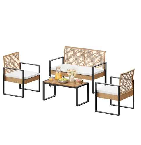 WOLTU Rattan Gartenmöbel 4-teilig mit 1 Sitzer Sofa 2 Sessel 1 Couchtisch und Kissen Lounge Möbel Outdoor Balkonmöbel Kleiner Balkon Sitzgruppe Gartencouch Terrassenmöbel Set für Garten Terrassen
