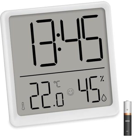 ADE Digitale Uhr mit Temperaturanzeige | Badezimmeruhr mit Luftfeuchtigkeitsmesser | perfekt als Baduhr, Küchenuhr, für Schlafzimmer | mit Wecker und Snooze-Funktion | mit Batterie | weiß