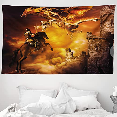ABAKUHAUS Modern Wandteppich, mit einem Ritter auf einem Pferd Schloss Mystic Art Print, aus Weiches Mikrofaser Stoff Wand Dekoration Für Schlafzimmer, 230 x 140 cm, Schwarz und Ringelblume