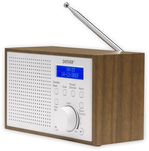 Radio digitale DAB+ e FM. DENVER DAB-46WHITE. Orologio e sveglia. Funziona con batteria e corrente. Uscita audio da 2 W. Finitura legno. Bianco
