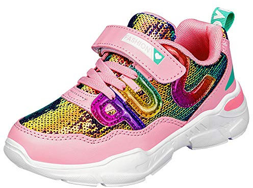 HSNA Baskets Mode Fille Légères Chaussures Scratch Sneakers Paillettes pour Fille(a1 Rose 28 EU)