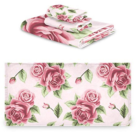 MNSRUU Handtuch-Set mit rosa Rosenmuster, für Damen und Mädchen, Badetücher, Handtücher und Waschlappen, saugfähiges Badezimmer-Zubehör