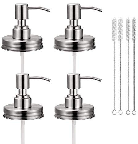 4 Pack Mason Jar Soap Dispenser Lids with Pumps, Rustproof Stainless Steel, Lotion Soap Dispenser Lids Replacement for 16 oz Regular Mouth Mason Jar Decor, 4 Brushes Included Silver