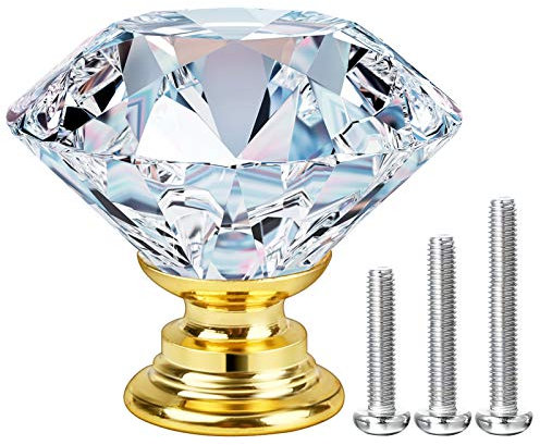 Mostfun 15Pack 30mm Crystal Glass Door Cabinet Knobs Diamond Cut Drawer Handles for Cupboards Wardrobes Drawers Home Decoration with 3 Lengths of Screws (Gold)