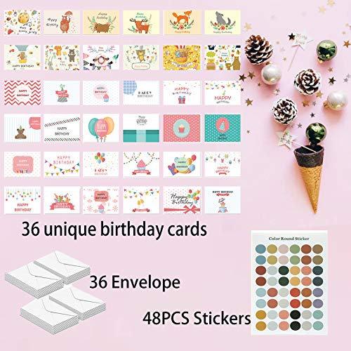 36 Stücke Geburtstagskarten Set,Geburtstagskarte Set mit 36 verschiedenen Designs, Geburtstagskarte,36 Umschlägen und 1 Stücke Aufklebern (48 PCS),Geburtstagskarten für Kinder und Erwachsene,15cm*10cm
