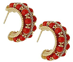 Sicilia Bedda - Orecchini in Corallo Rosso del Mediterraneo e Zirconi - Argento 925 Placcato Oro 18 Kt - Elegante Prezioso