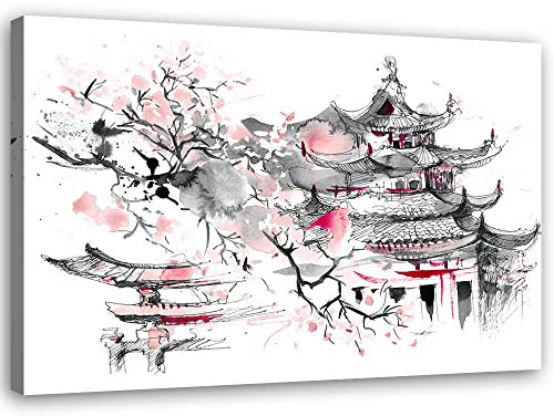 Feeby Vlies Leinwandbild Japan Blühender Kirschbaum Pagode 30x20 cm Wand Bild Kunstdruck Deko Wohnzimmer Wohnungs Deko Osten Orientalisch Asien Grau