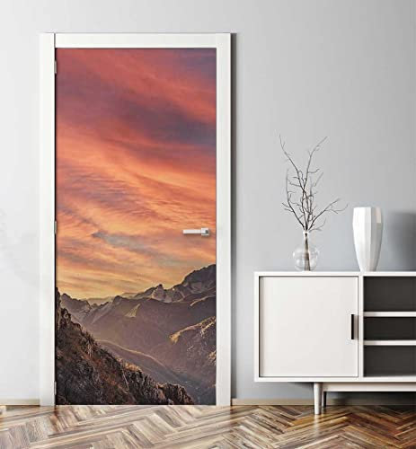 MyMaxxi - Tür bekleben mit Türtapete Türposter Türfolie Selbstklebend 90x200 Alpen Berge - Tür verschönern Türaufkleber Türklebefolie Berge Sonnenuntergang orange