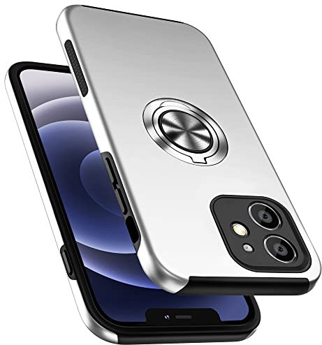 PELEPUES Shockproof Case for iPhone 12 6.1 inch, [Built-in Camera Cover] Military Grade Phone Case Cover with Embedded Metal Ring Stand Kickstand [Support Magnetic Car Holder] for iPhone 12, Silver