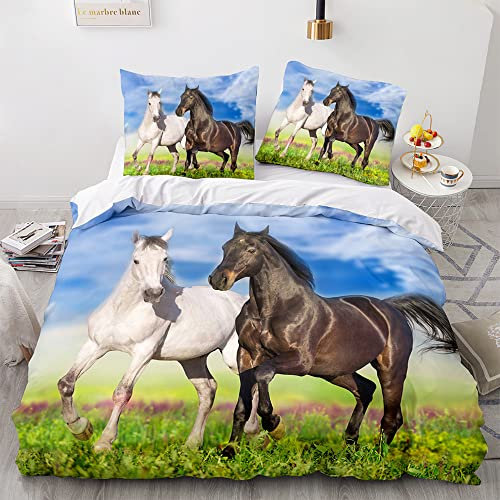 Morbuy Weiche Bettwäsche aus Mikrofaser Bettbezug 135x200 155x220 200x200 220x240 mit Reißverschluss + Kissenbezüge 80x80cm, Pferd Drucken Bettwäsche-Set (220x240cm,schwarz weiß)