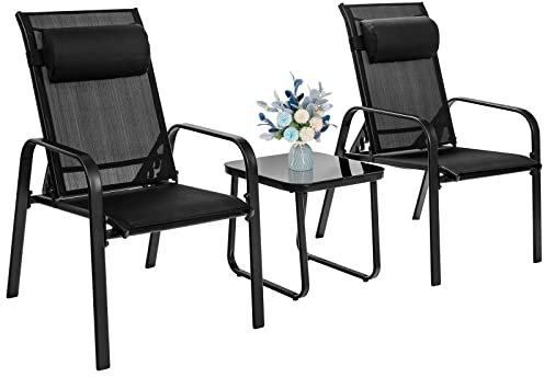 GOPLUS 3 Pcs Ensemble de Bistrot d'Extérieur 3,Chaises Empilables de Terrasse avec Dossier Réglable et Table Basse en Verre Rrempée, pour Salon de Jardin, Idéal pour Patio Jardin Terrasse (Noir)