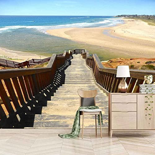 Benutzerdefinierte Größe Tapete 3D Fototapete Kinder Wandbild Wohnzimmer Strand Holzleiter Meerblick Malen Von Tv-Hintergrundbildern Für Die Wand 3D Für Büro-Schlafzimmer-Esszimmer-Wa 300(B)x210(H) cm
