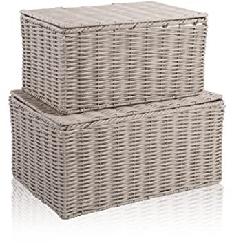 Wicker Storage Hamper with Lid Bathroom Storage Basket Wardrobe Storage Box Under Bed Above Wardrobe Storage Basket with Lid (Small)